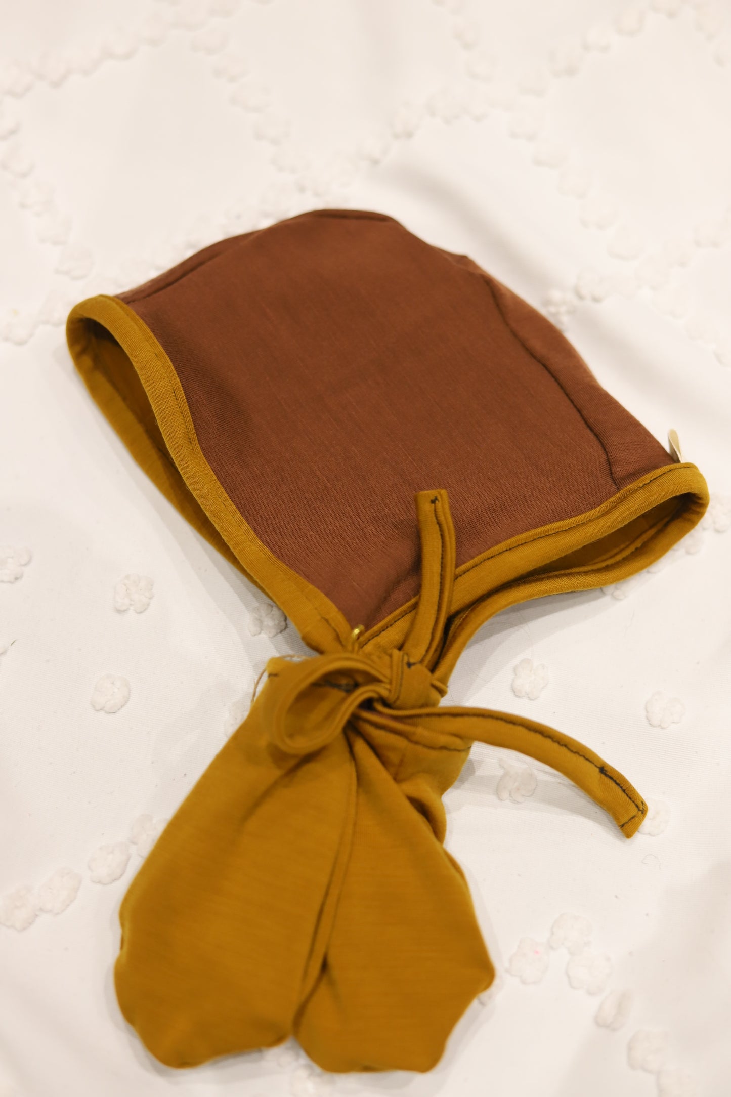 Merino Wool Bonnet and Mitts in Mustard with Brown