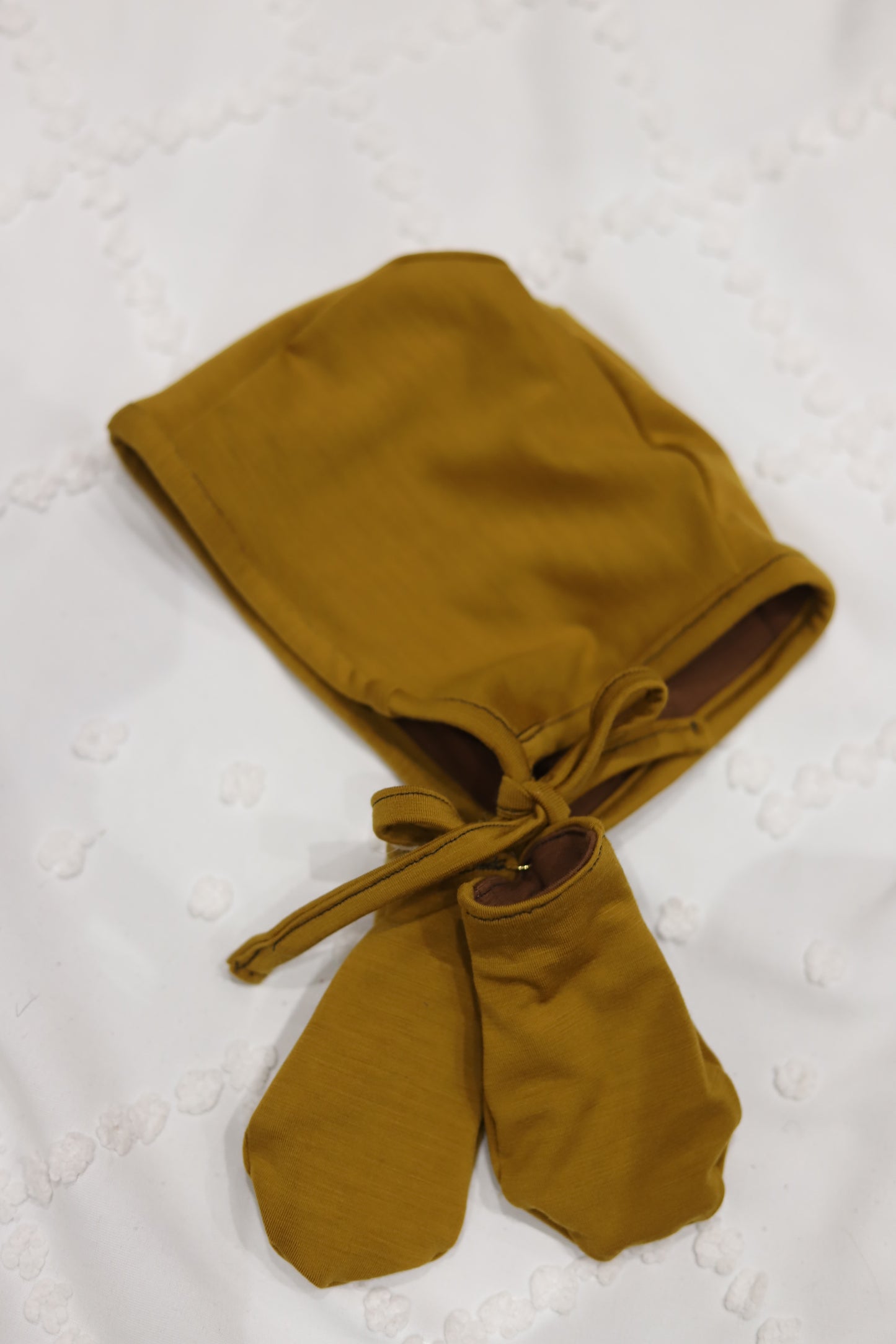 Merino Wool Bonnet and Mitts in Mustard with Brown