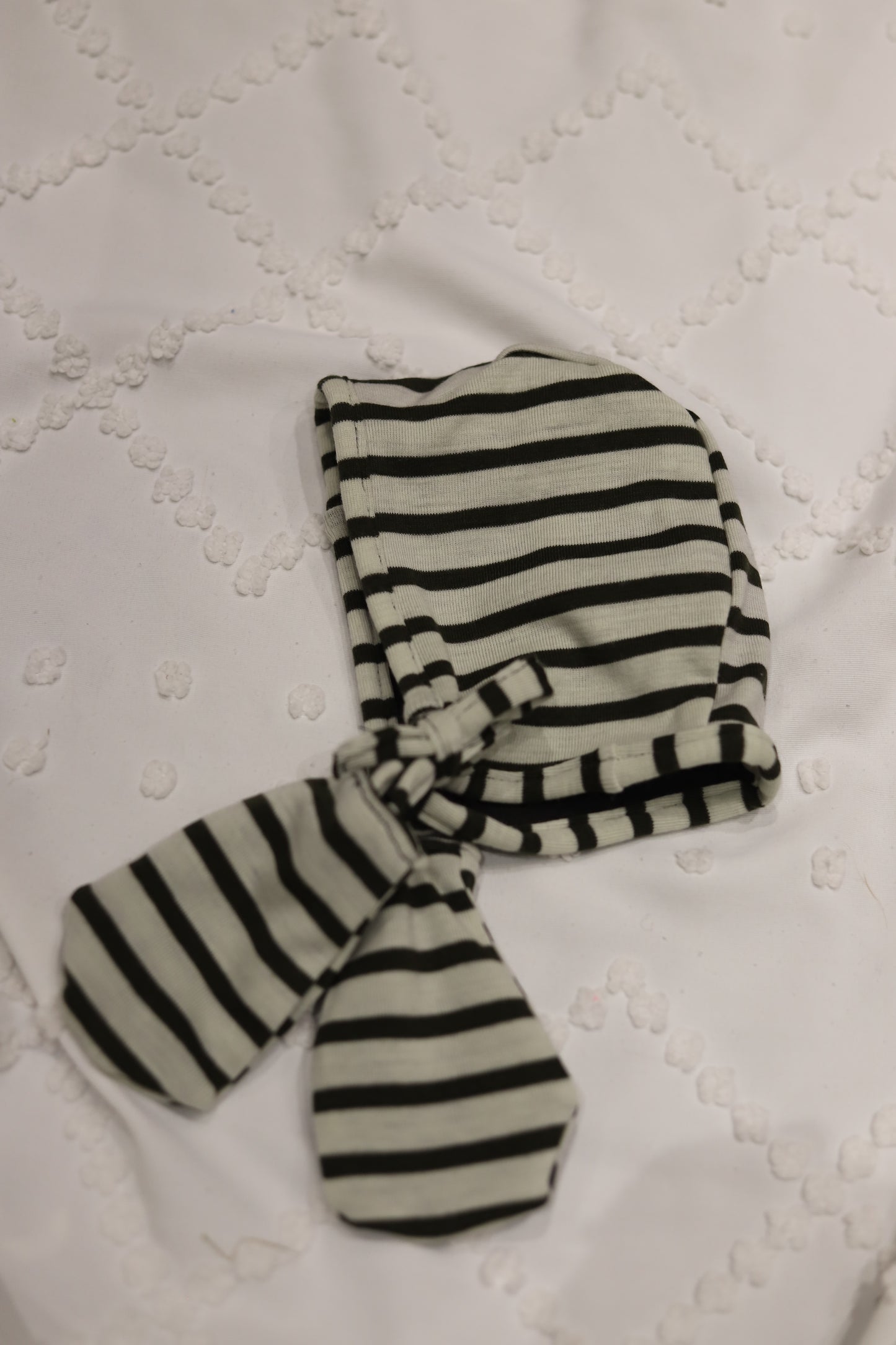 Merino Wool Bonnet and Mittens in Green and White Stripe